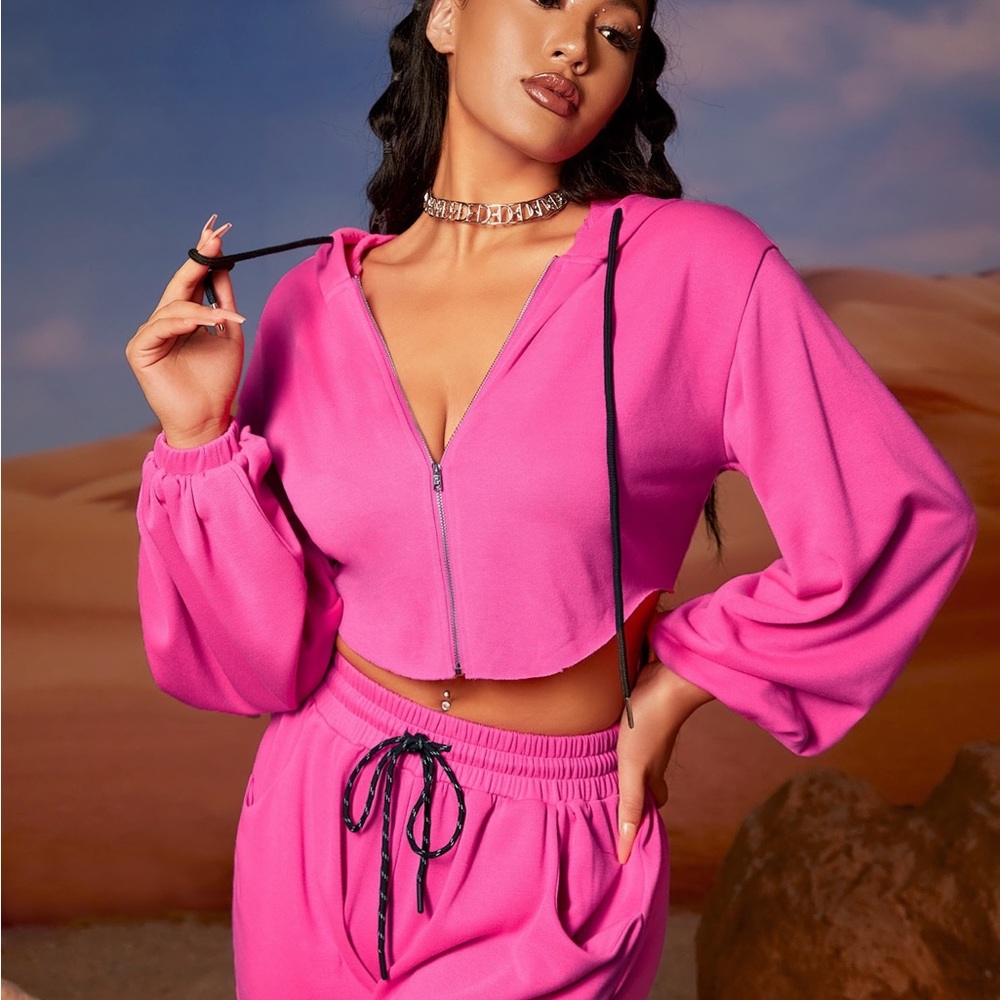 Zip up Lantern sleeve drawstring Hoodie